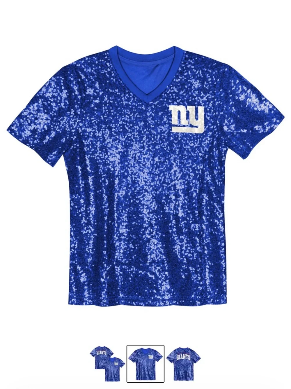 Youth XL NFL Royal Blue Sequin New York Giants V-Neck Tee
